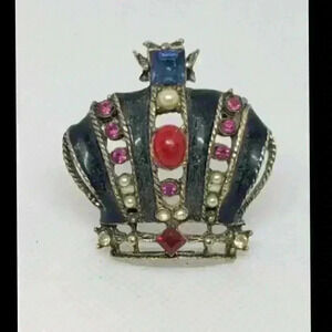 Vintage Brooch Crown Rhinestone Cabochon faux Pearl Enamel Royal Royalty
